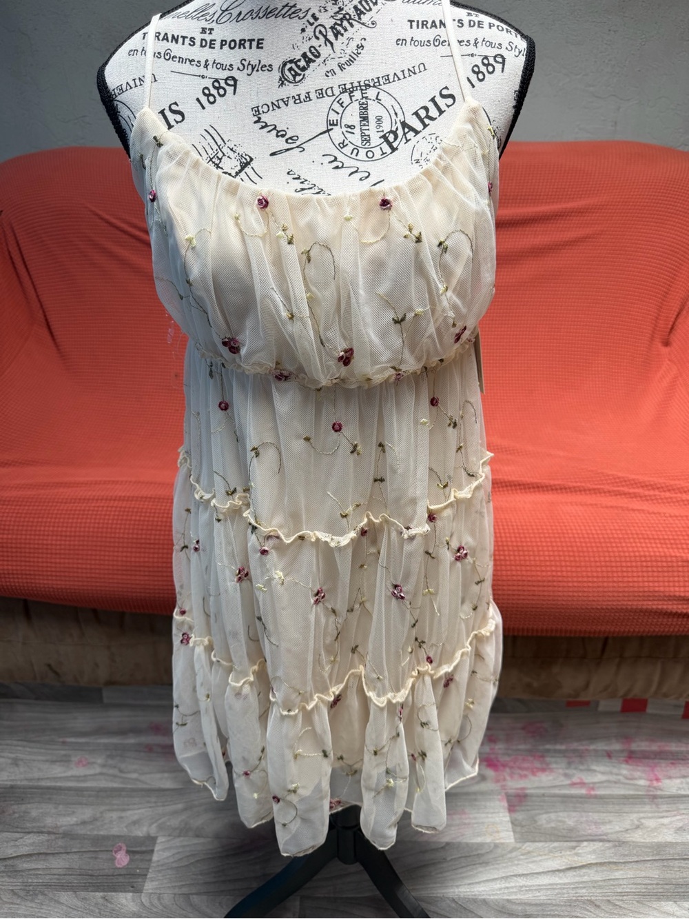 Women's Cream Floral Embroidered Spaghetti Strap Dress